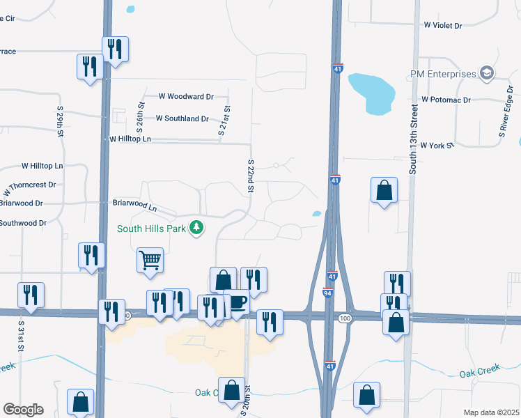 map of restaurants, bars, coffee shops, grocery stores, and more near 9195 South Meyer Lane in Oak Creek