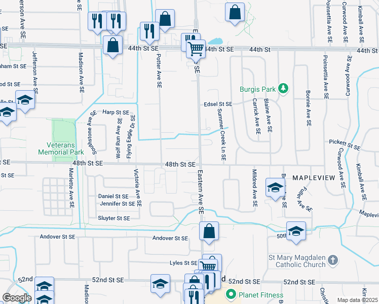 map of restaurants, bars, coffee shops, grocery stores, and more near 4716 Potter Avenue Southeast in Kentwood