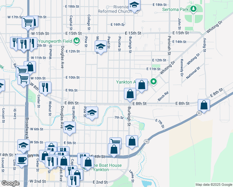 map of restaurants, bars, coffee shops, grocery stores, and more near 815 Picotte Street in Yankton