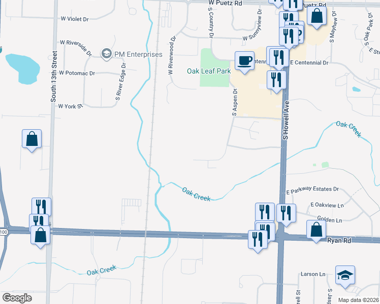 map of restaurants, bars, coffee shops, grocery stores, and more near 430 West Aspen Drive in Oak Creek