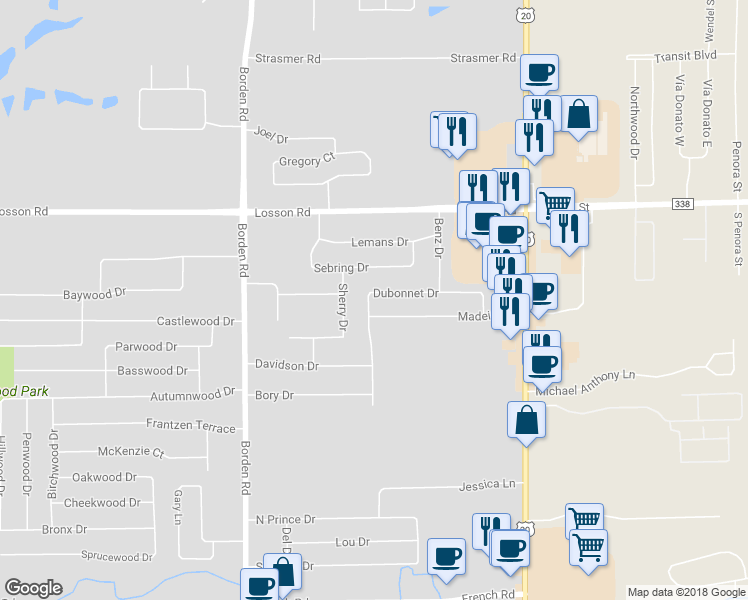 map of restaurants, bars, coffee shops, grocery stores, and more near 117 Dubonnet Drive in Depew