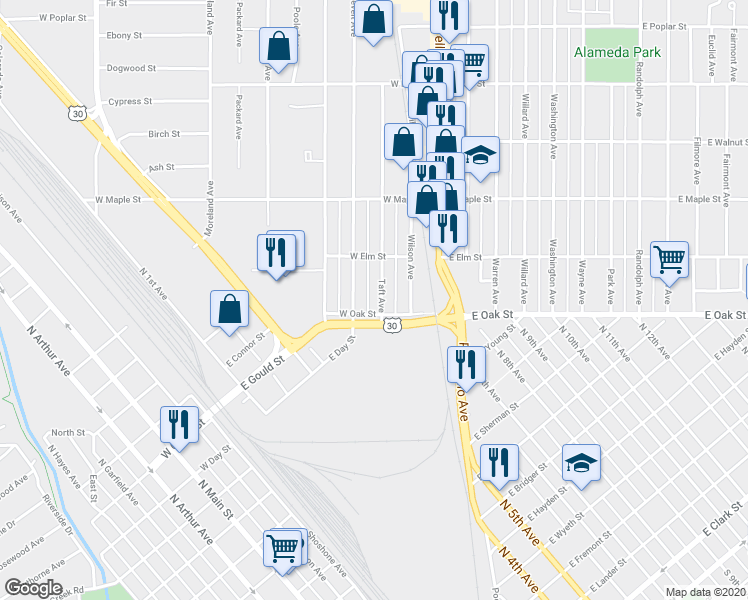 map of restaurants, bars, coffee shops, grocery stores, and more near 115 Taft Avenue in Pocatello