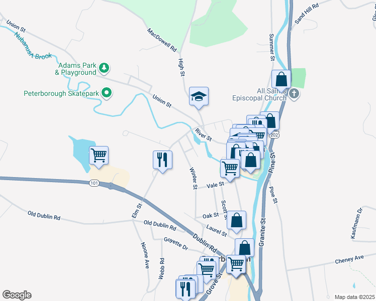 map of restaurants, bars, coffee shops, grocery stores, and more near Factory Street in Peterborough