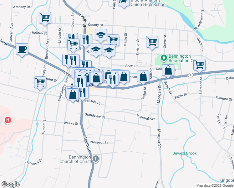 map of restaurants, bars, coffee shops, grocery stores, and more near 205 Valentine Street in Bennington