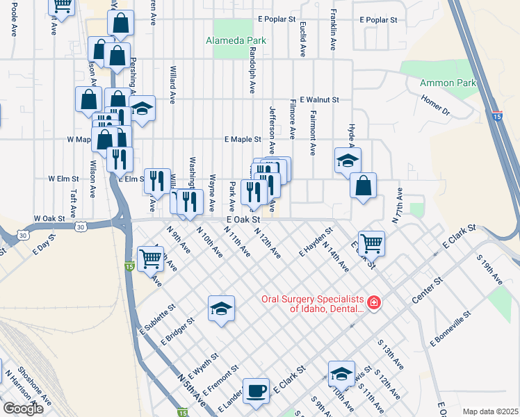map of restaurants, bars, coffee shops, grocery stores, and more near 129 Randolph Avenue in Pocatello