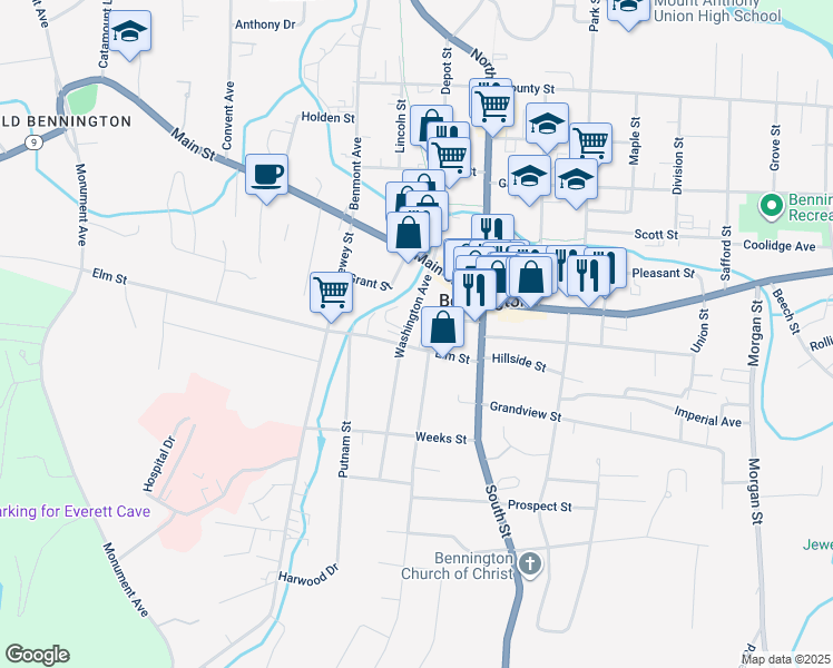 map of restaurants, bars, coffee shops, grocery stores, and more near 135 Washington Avenue in Bennington