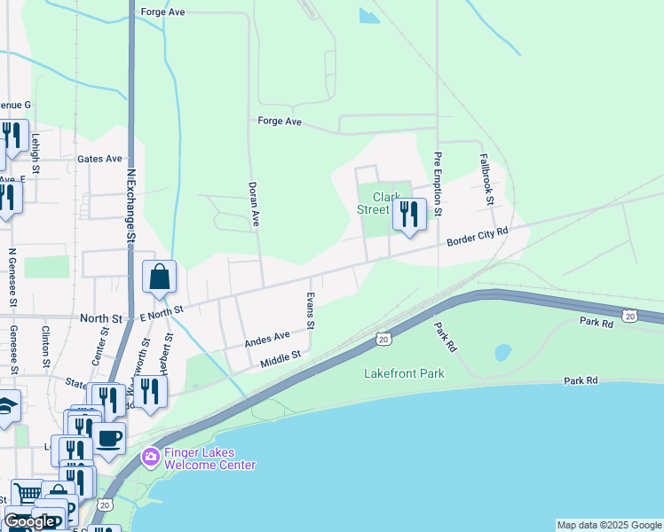 map of restaurants, bars, coffee shops, grocery stores, and more near 226 East North Street in Geneva