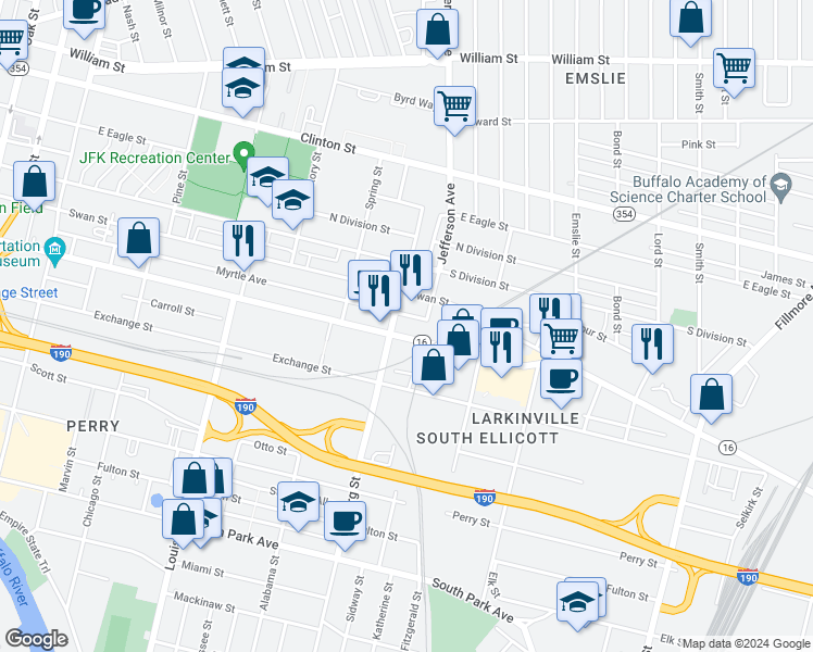 map of restaurants, bars, coffee shops, grocery stores, and more near 580 Seneca Street in Buffalo