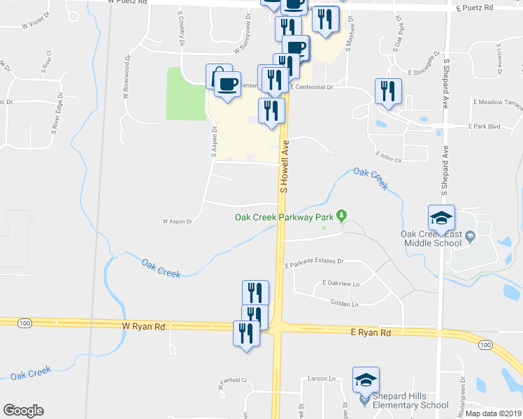 map of restaurants, bars, coffee shops, grocery stores, and more near 135 West Oak Leaf Drive in Oak Creek