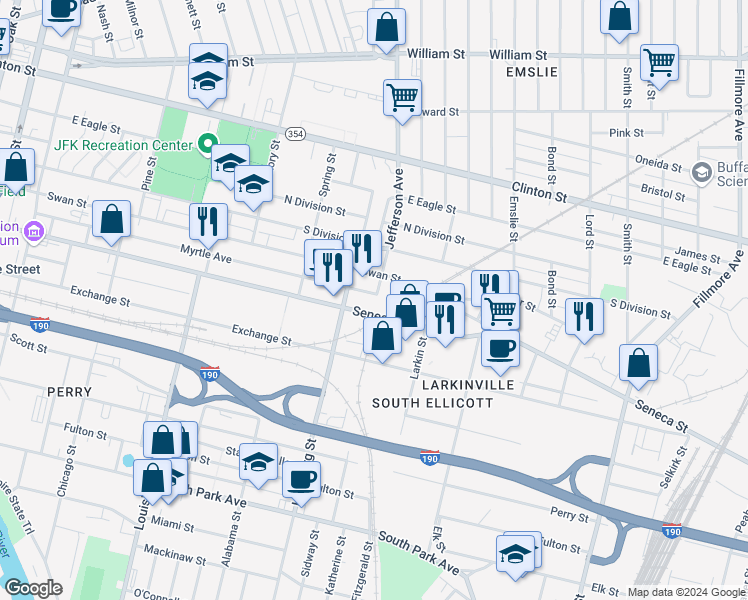 map of restaurants, bars, coffee shops, grocery stores, and more near 580 Seneca Street in Buffalo