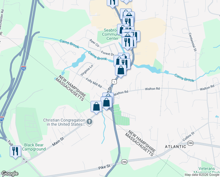 map of restaurants, bars, coffee shops, grocery stores, and more near 42 Main Street in Seabrook