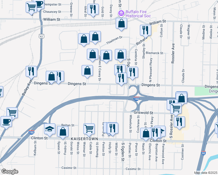 map of restaurants, bars, coffee shops, grocery stores, and more near 307 Dingens Street in Buffalo