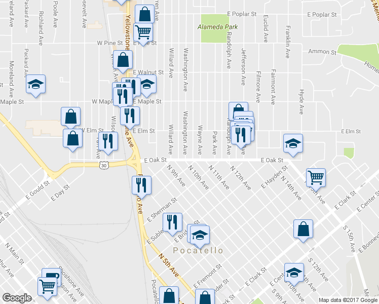map of restaurants, bars, coffee shops, grocery stores, and more near 128 Washington Avenue in Pocatello