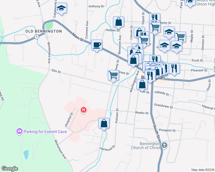 map of restaurants, bars, coffee shops, grocery stores, and more near 314 Elm Street in Bennington