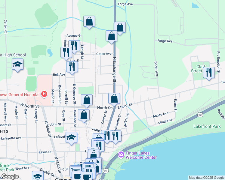 map of restaurants, bars, coffee shops, grocery stores, and more near 55 North Exchange Street in Geneva