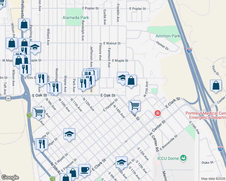 map of restaurants, bars, coffee shops, grocery stores, and more near 1175 Spruce Street in Pocatello