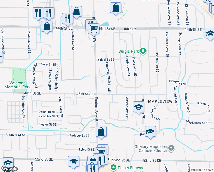 map of restaurants, bars, coffee shops, grocery stores, and more near 4755 Summer Creek Ln SE in Kentwood