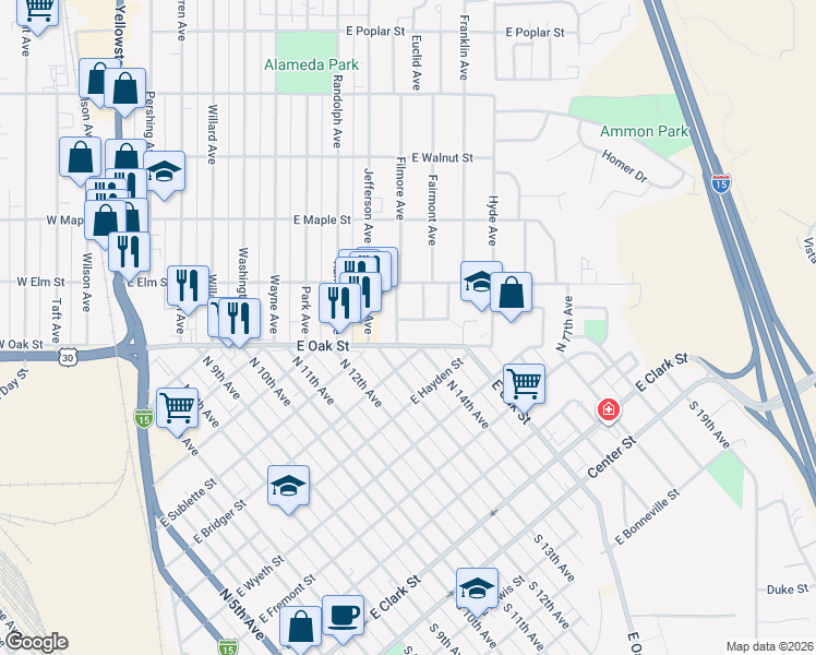 map of restaurants, bars, coffee shops, grocery stores, and more near 1023 Spruce St in Pocatello