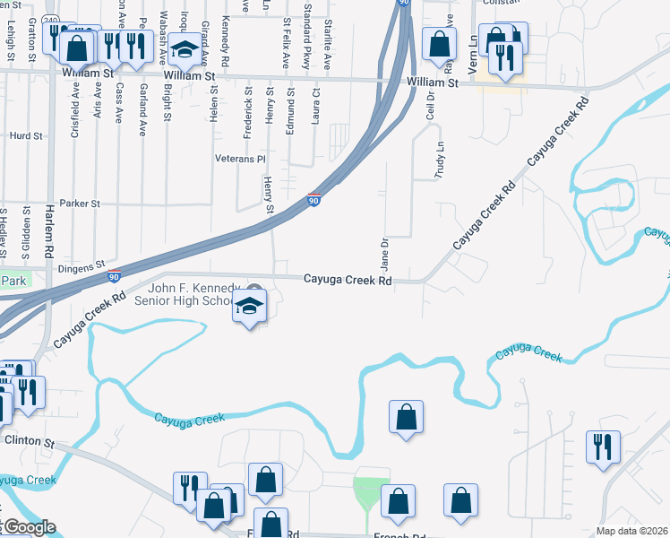 map of restaurants, bars, coffee shops, grocery stores, and more near 404 Cayuga Creek Road in Buffalo