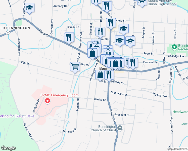 map of restaurants, bars, coffee shops, grocery stores, and more near 135 Washington Avenue in Bennington