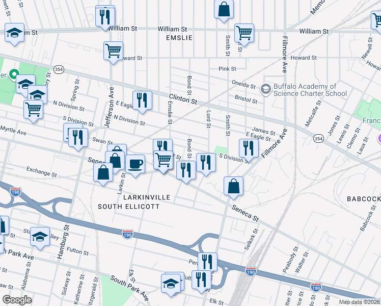 map of restaurants, bars, coffee shops, grocery stores, and more near 767 South Division Street in Buffalo