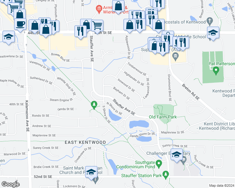 map of restaurants, bars, coffee shops, grocery stores, and more near 2118 Bayham Drive Southeast in Kentwood