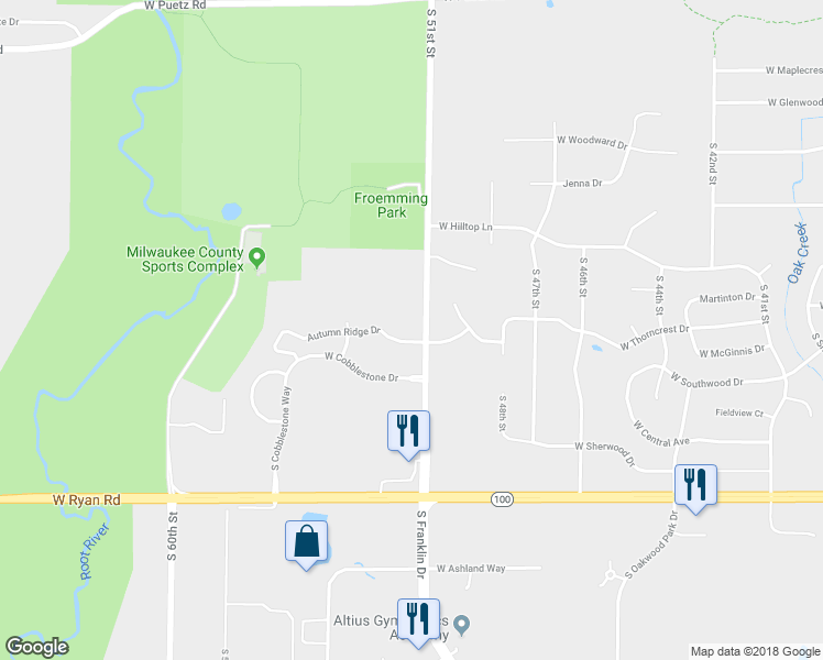 map of restaurants, bars, coffee shops, grocery stores, and more near 9207 South 51st Street in Franklin