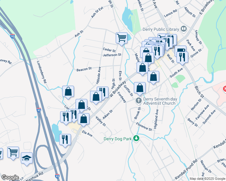 map of restaurants, bars, coffee shops, grocery stores, and more near 55 West Broadway in Derry