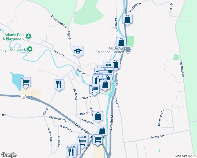 map of restaurants, bars, coffee shops, grocery stores, and more near 1 Grove Street in Peterborough