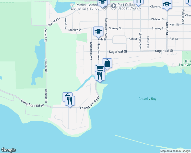 map of restaurants, bars, coffee shops, grocery stores, and more near 11 Hampton Avenue in Port Colborne