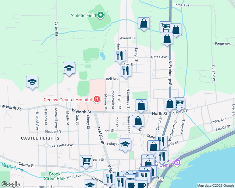 map of restaurants, bars, coffee shops, grocery stores, and more near 55 Sherrill Street in Geneva