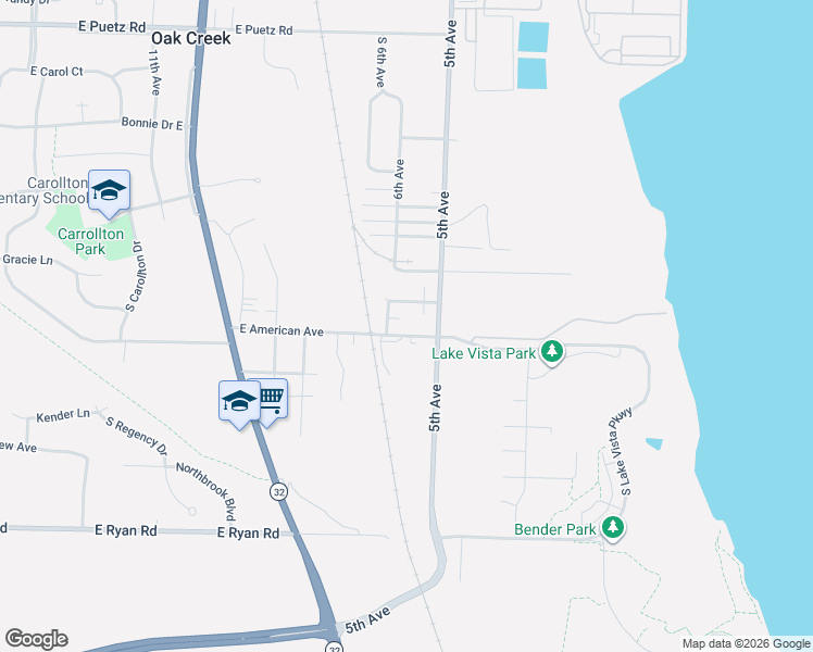 map of restaurants, bars, coffee shops, grocery stores, and more near 3928 East American Avenue in Oak Creek