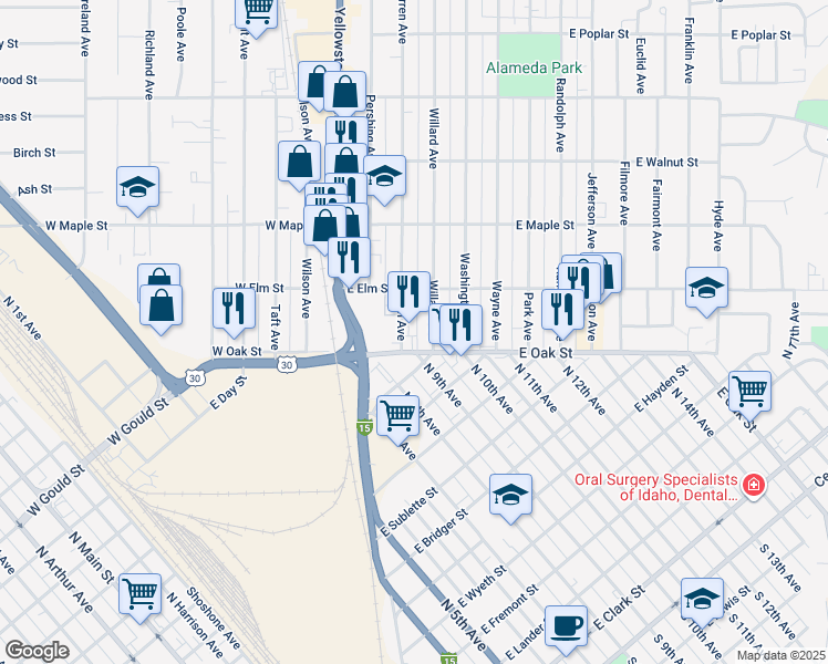 map of restaurants, bars, coffee shops, grocery stores, and more near 134 Warren Ave in Pocatello