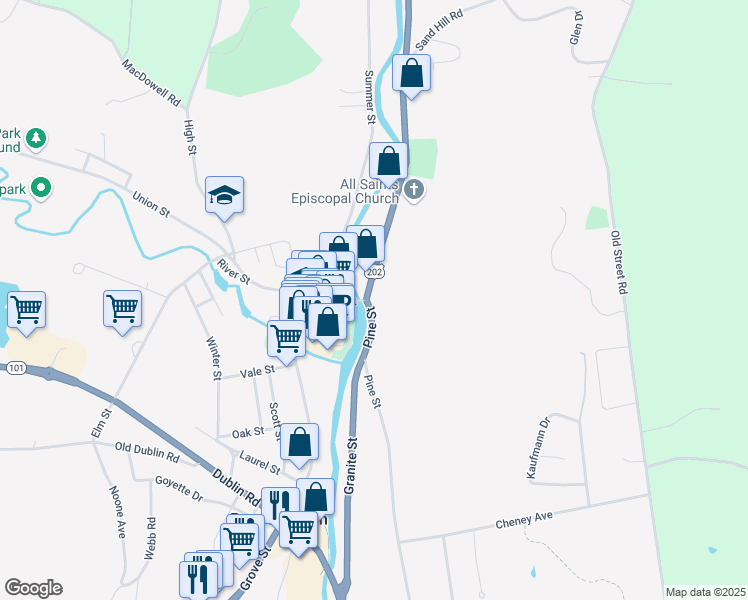 map of restaurants, bars, coffee shops, grocery stores, and more near 1 Concord Street in Peterborough