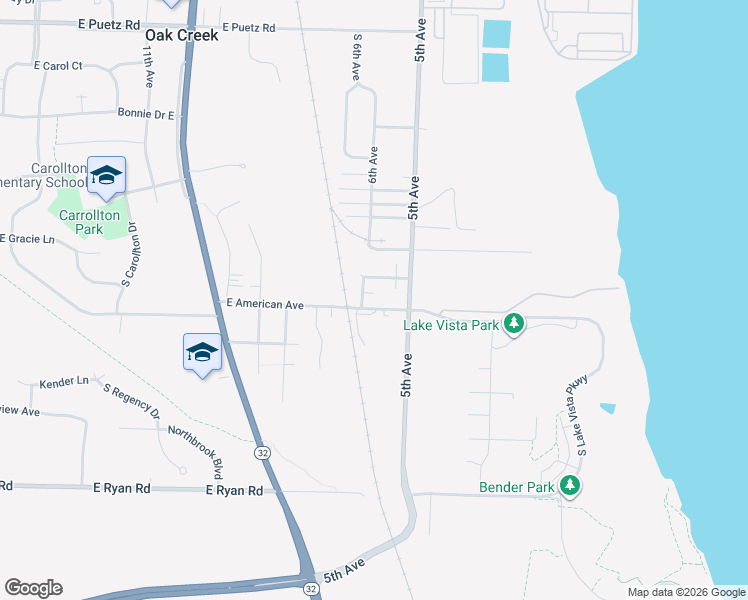 map of restaurants, bars, coffee shops, grocery stores, and more near 3928 East American Avenue in Oak Creek
