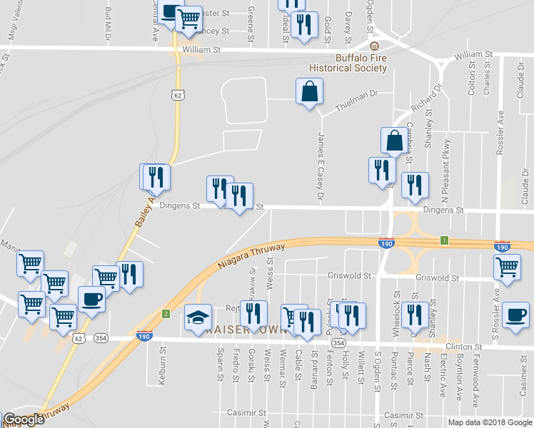 map of restaurants, bars, coffee shops, grocery stores, and more near 390 Weiss Street in Buffalo
