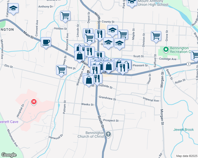 map of restaurants, bars, coffee shops, grocery stores, and more near 118 South Street in Bennington