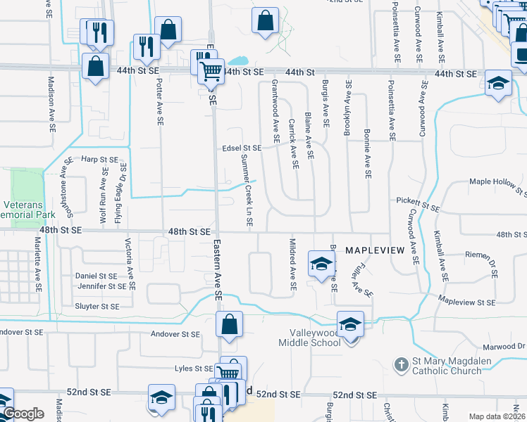 map of restaurants, bars, coffee shops, grocery stores, and more near 4747 Marshall Avenue Southeast in Kentwood