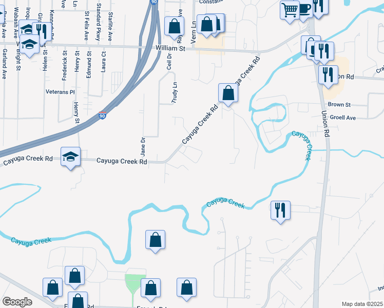 map of restaurants, bars, coffee shops, grocery stores, and more near 575 Cayuga Creek Road in Buffalo