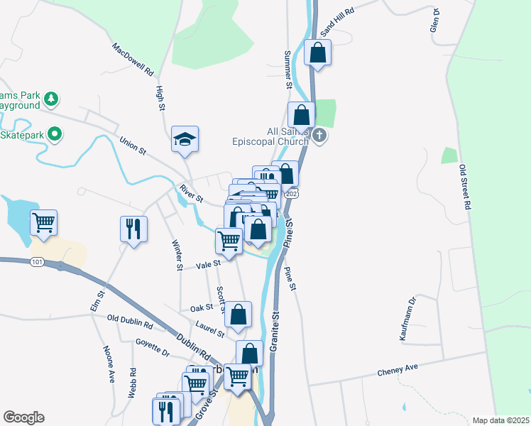 map of restaurants, bars, coffee shops, grocery stores, and more near 0 Depot Street in Peterborough