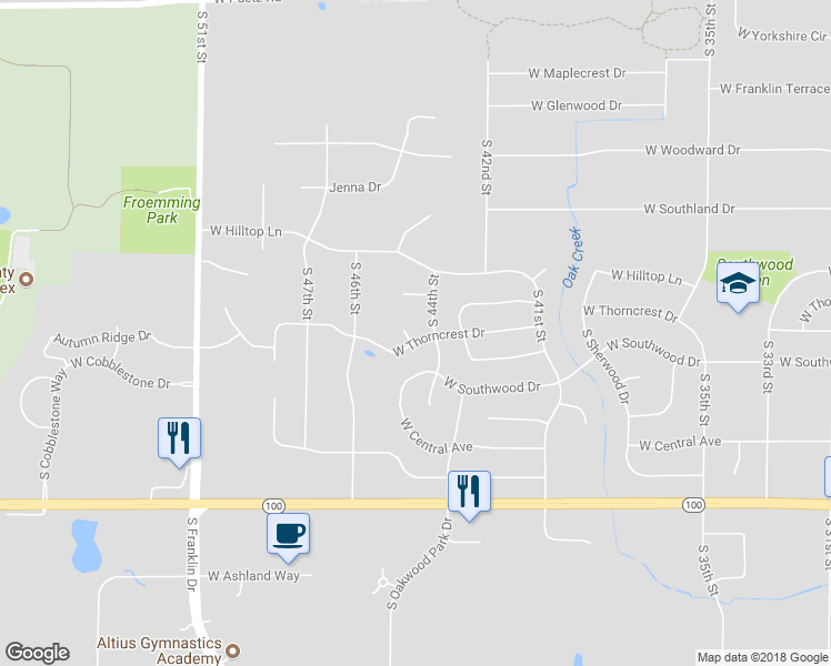 map of restaurants, bars, coffee shops, grocery stores, and more near 4500 West Thorncrest Drive in Franklin