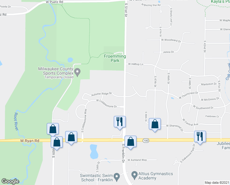 map of restaurants, bars, coffee shops, grocery stores, and more near 9245 South 51st Street in Franklin