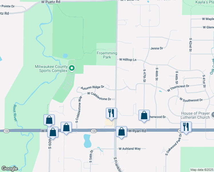 map of restaurants, bars, coffee shops, grocery stores, and more near 9245 South 51st Street in Franklin
