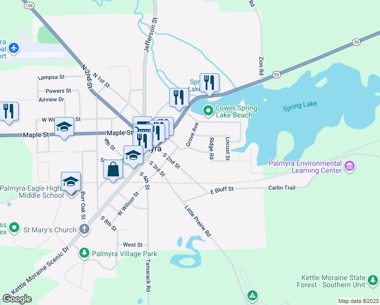 map of restaurants, bars, coffee shops, grocery stores, and more near 307 Spring Valley Ct in Palmyra