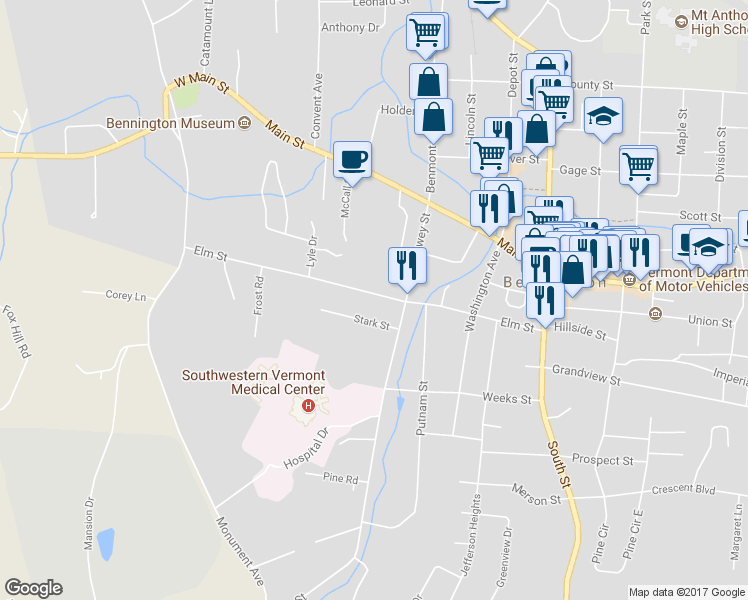 map of restaurants, bars, coffee shops, grocery stores, and more near 314 Elm Street in Bennington