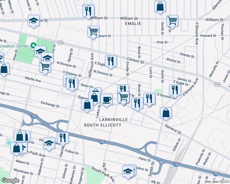 map of restaurants, bars, coffee shops, grocery stores, and more near 36 Seymour Street in Buffalo