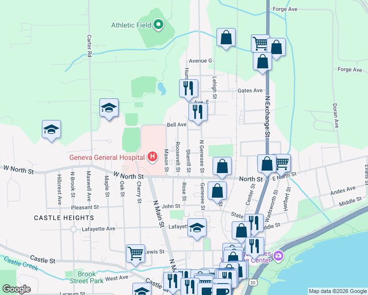 map of restaurants, bars, coffee shops, grocery stores, and more near 55 Sherrill Street in Geneva
