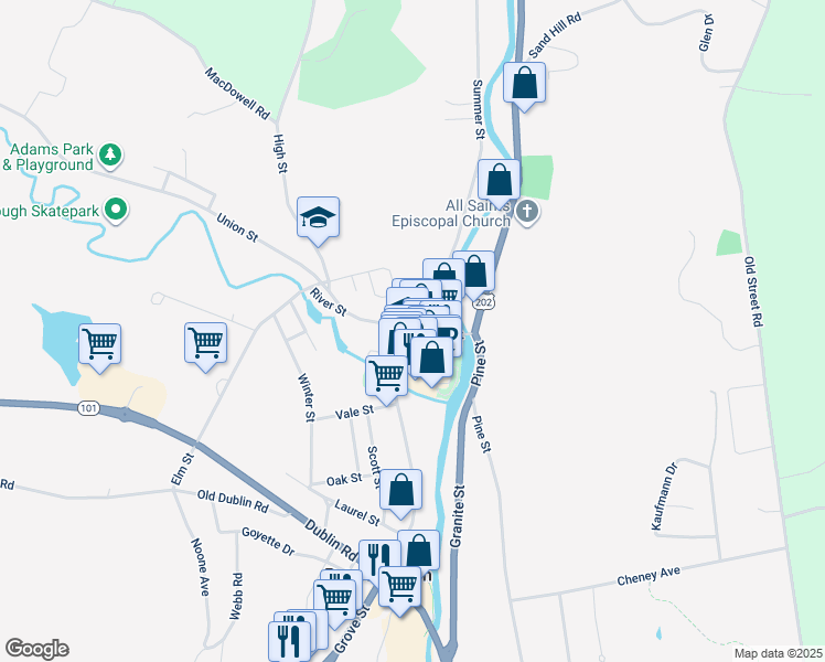 map of restaurants, bars, coffee shops, grocery stores, and more near 1 Grove Street in Peterborough