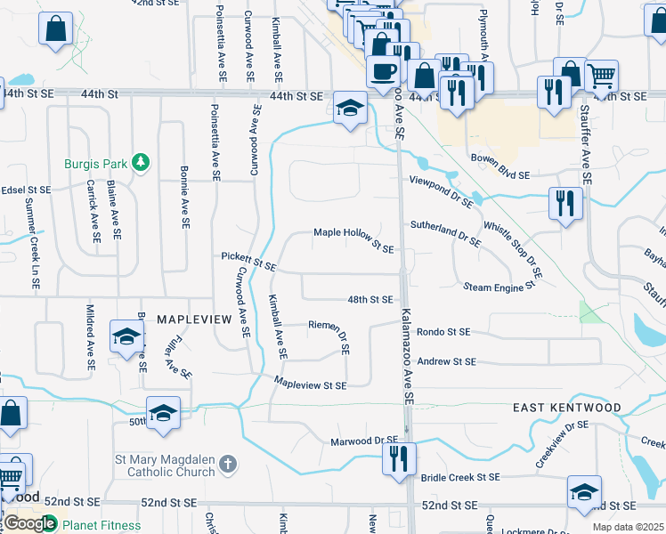 map of restaurants, bars, coffee shops, grocery stores, and more near 1441 Pickett Street Southeast in Kentwood