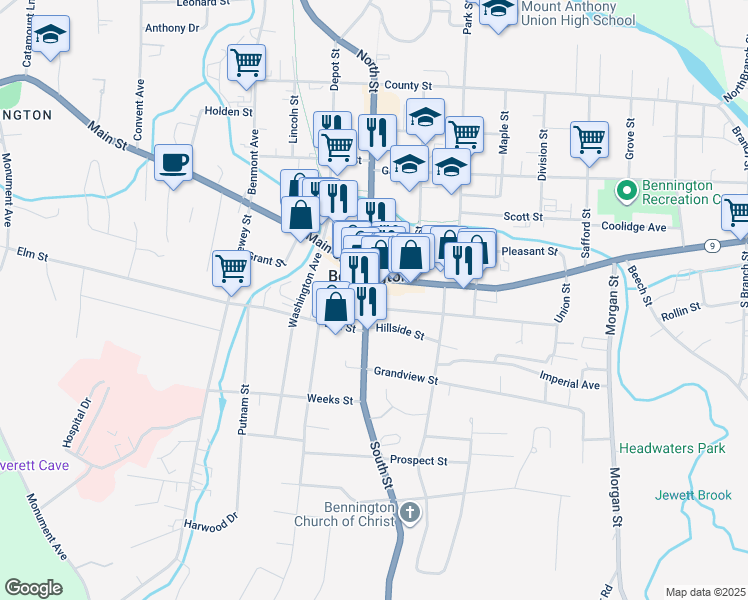 map of restaurants, bars, coffee shops, grocery stores, and more near 118 Bennington Square in Bennington County